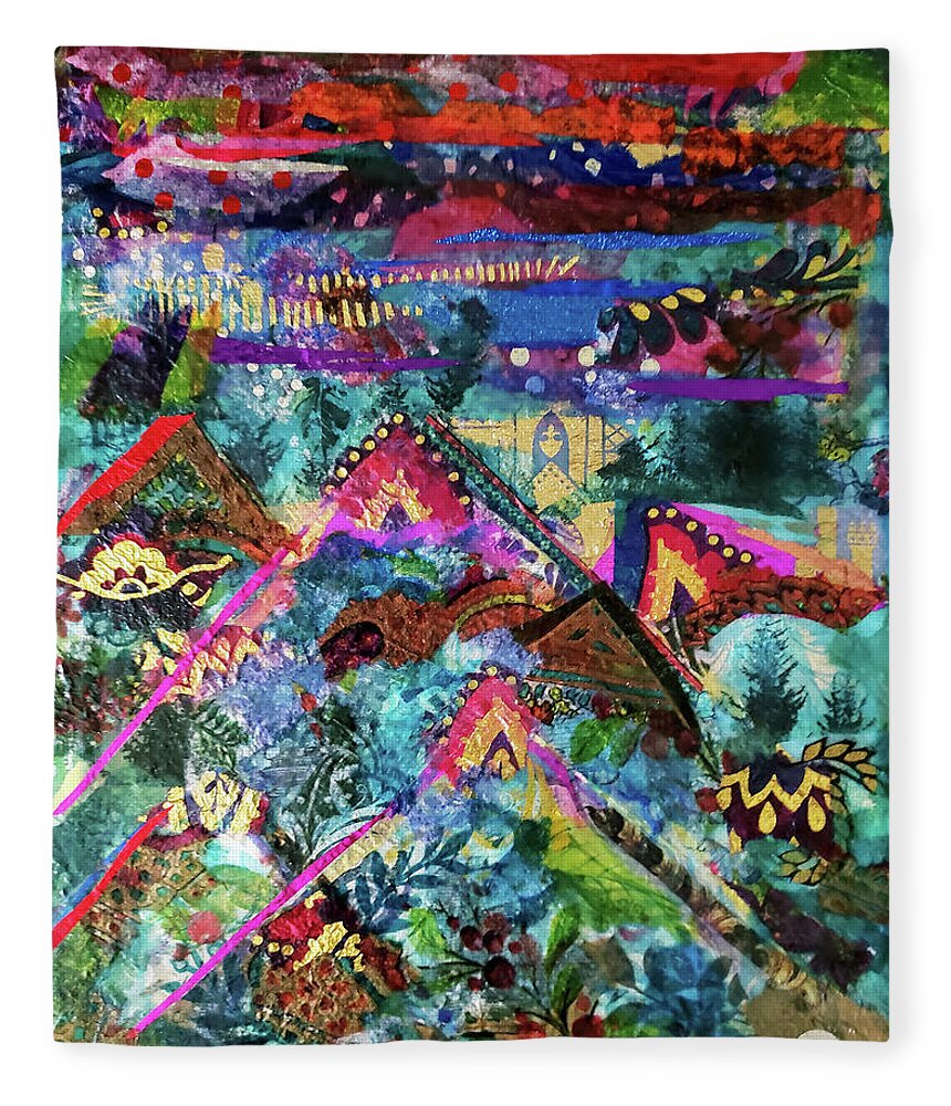 Mountains Fleece Blanket featuring the mixed media Peaks of Gold by Deborah Cherrin