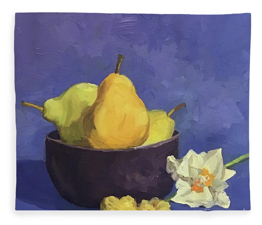 Pear Fleece Blanket featuring the painting Pears on Purple by Anne Marie Brown