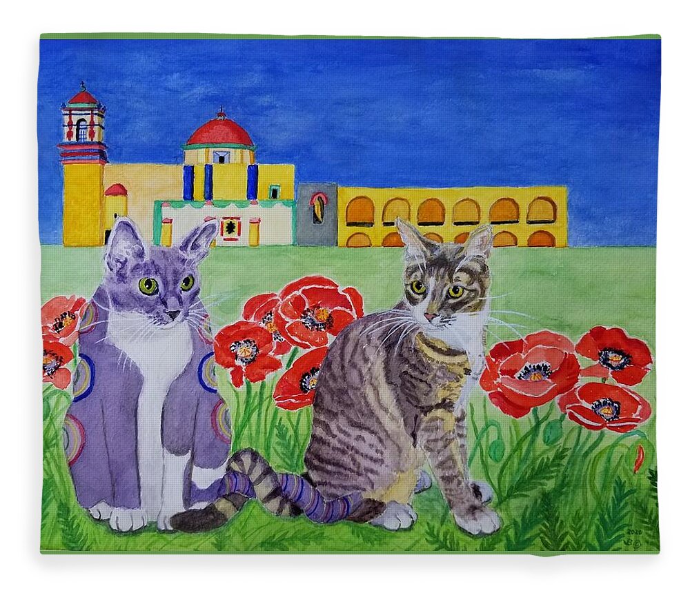 Cat Fleece Blanket featuring the painting Peggy and Maya by Vera Smith