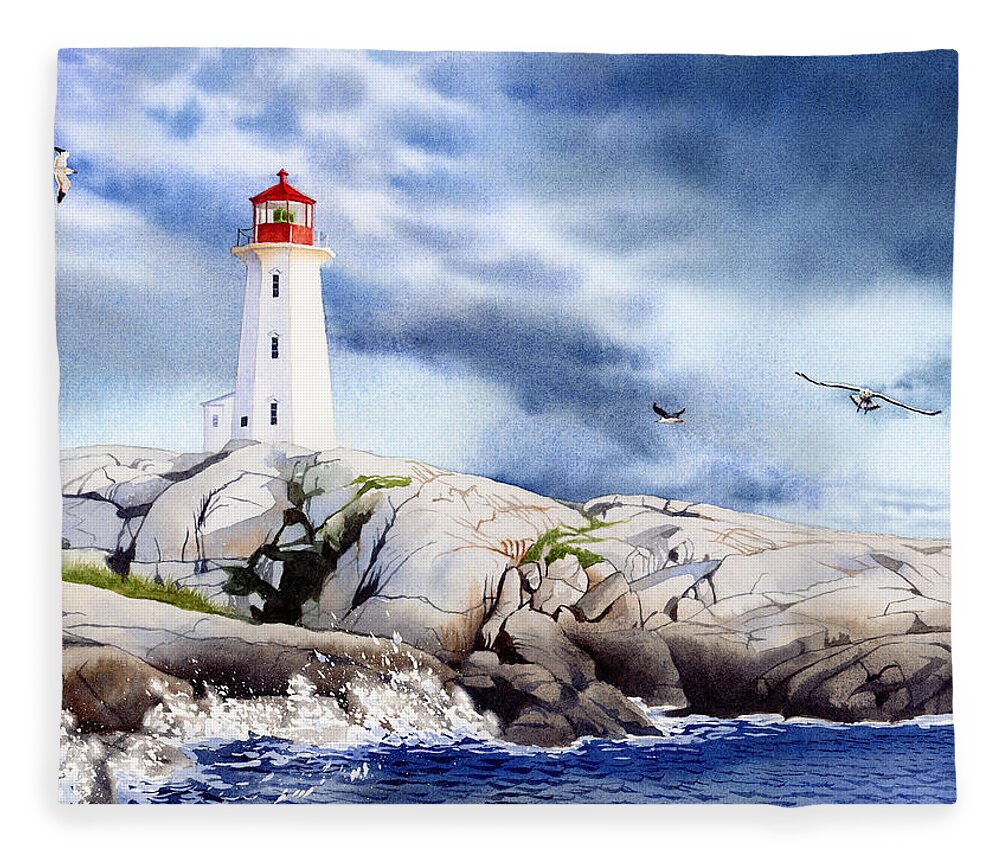 Peggy's Cove Lighthouse Fleece Blanket featuring the painting Peggy's Cove Lighthouse by Espero Art