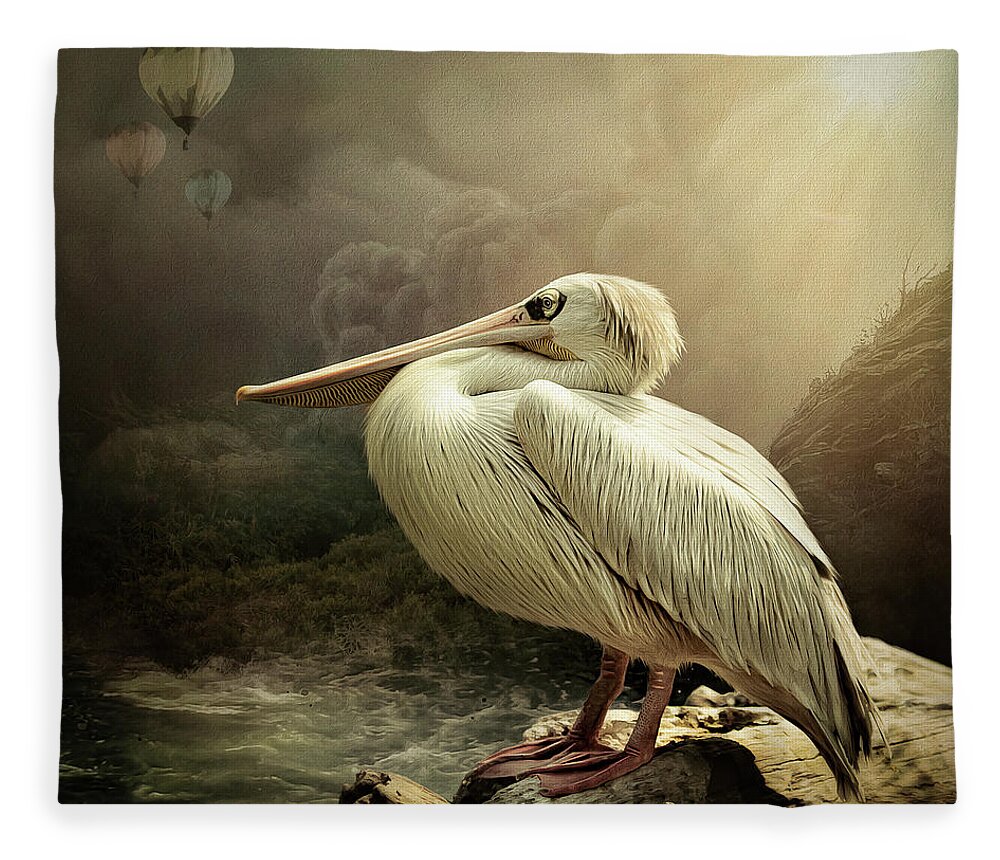 Pelican Fleece Blanket featuring the digital art Pelican at Rest by Maggy Pease