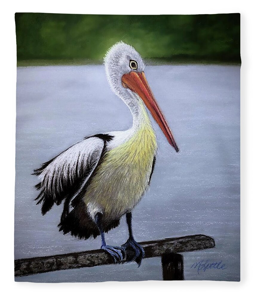 Pelican Fleece Blanket featuring the drawing Pelican by Marlene Little