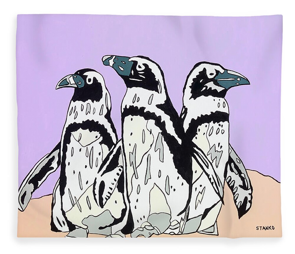Penguins Birds Fleece Blanket featuring the painting Penguins by Mike Stanko
