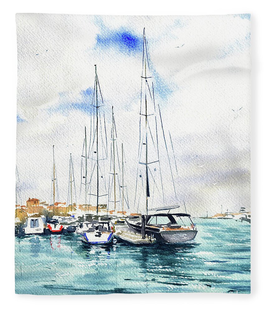 Portugal Fleece Blanket featuring the painting Peniche Marina Da Ribeira Portugal Painting by Dora Hathazi Mendes