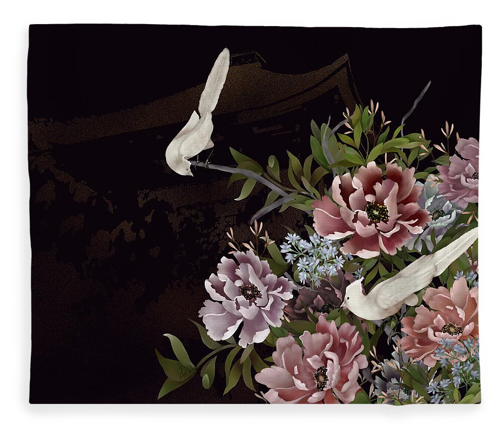 Chinoiserie Fleece Blanket featuring the digital art Peonies and Birds Glitter Temple Chinoiserie by Sand And Chi