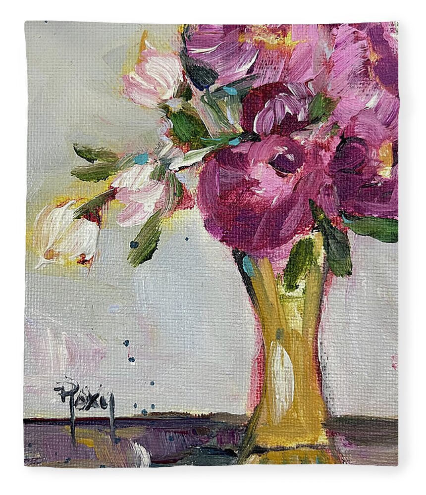 Peonies Fleece Blanket featuring the painting Peonies in a Yellow Vase by Roxy Rich
