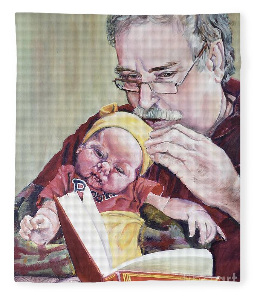 Grandfather Fleece Blanket featuring the painting Pepere reads Pooh by Merana Cadorette