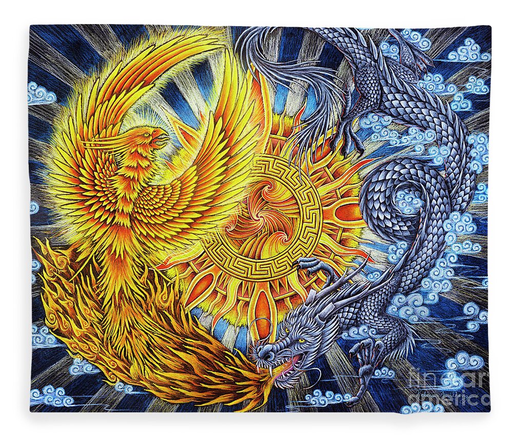 Chinese Dragon Fleece Blanket featuring the pastel Phoenix and Dragon by Rebecca Wang
