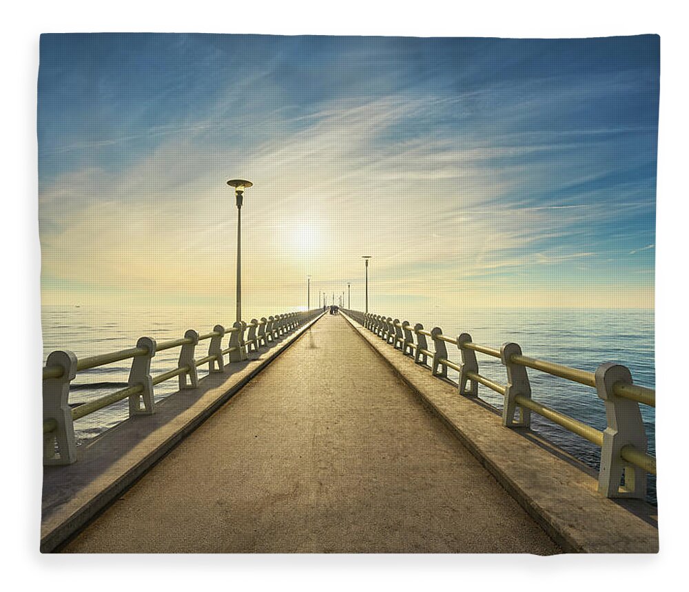 Versilia Fleece Blanket featuring the photograph Pier of Forte dei Marmi at sunset by Stefano Orazzini