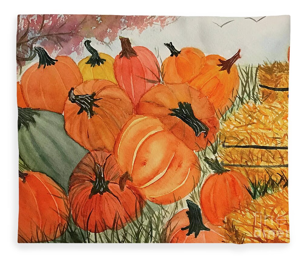 Fall Fleece Blanket featuring the painting Pile of Pumpkins by Lisa Neuman