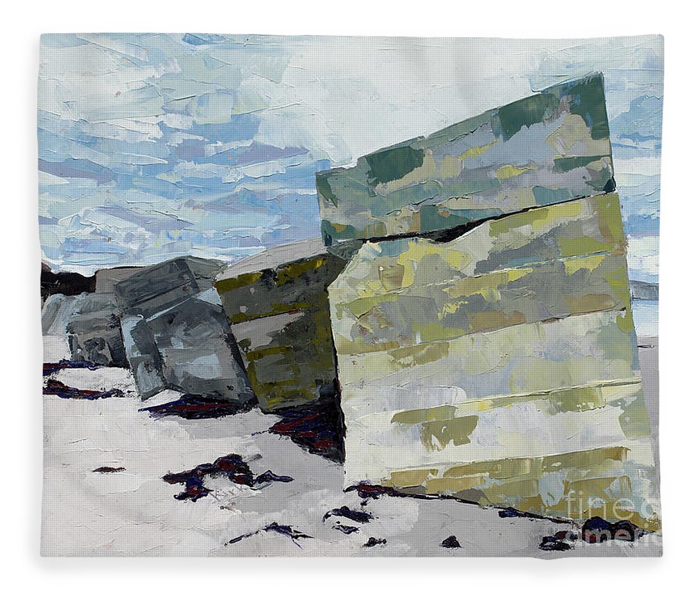 Oil Painting Fleece Blanket featuring the painting Pill Boxes - Roseisle Beach, 2015 by PJ Kirk