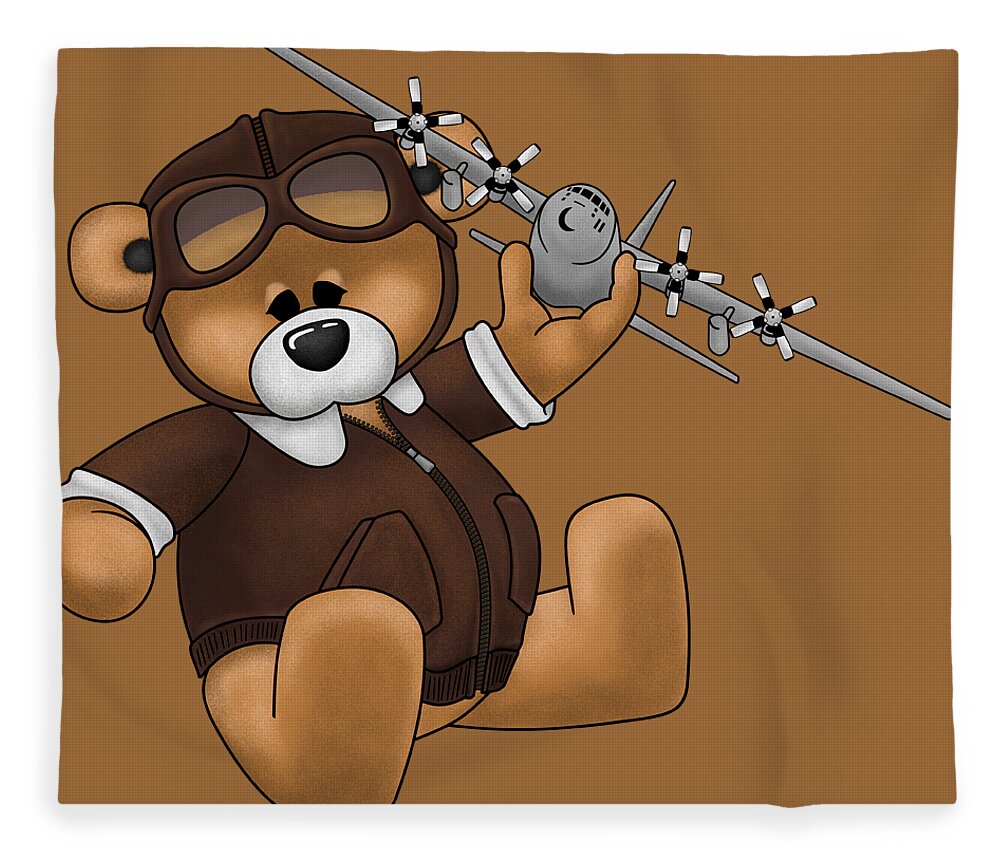 C-130 Fleece Blanket featuring the digital art Pilot Bear - Playtime by Michael Brooks