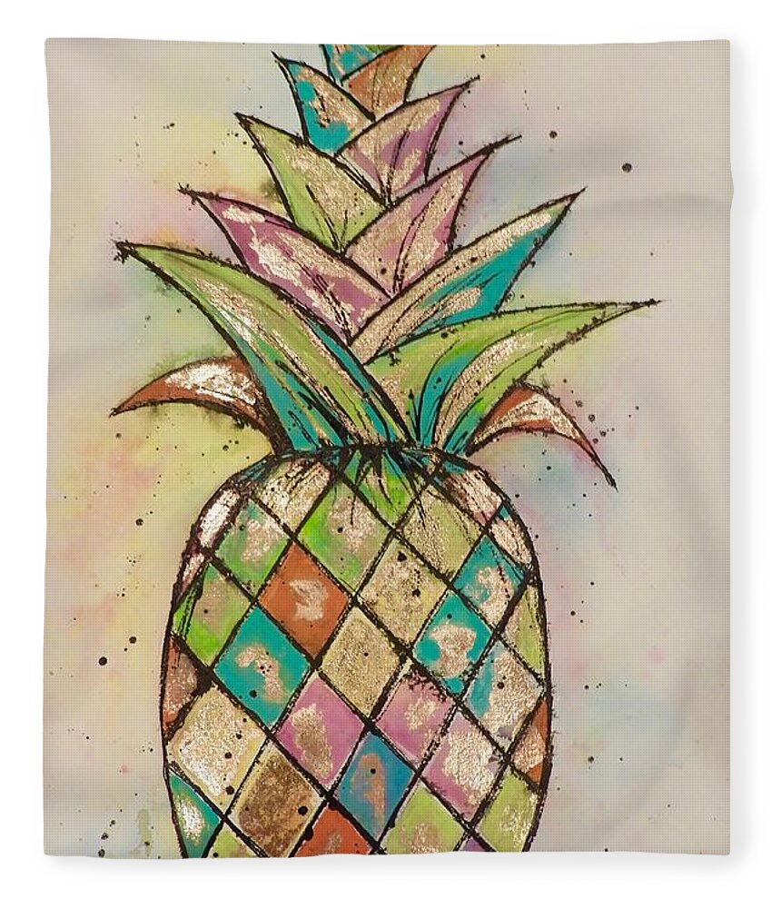 Pineapple Fleece Blanket featuring the painting Pineapple Gold by Midge Pippel