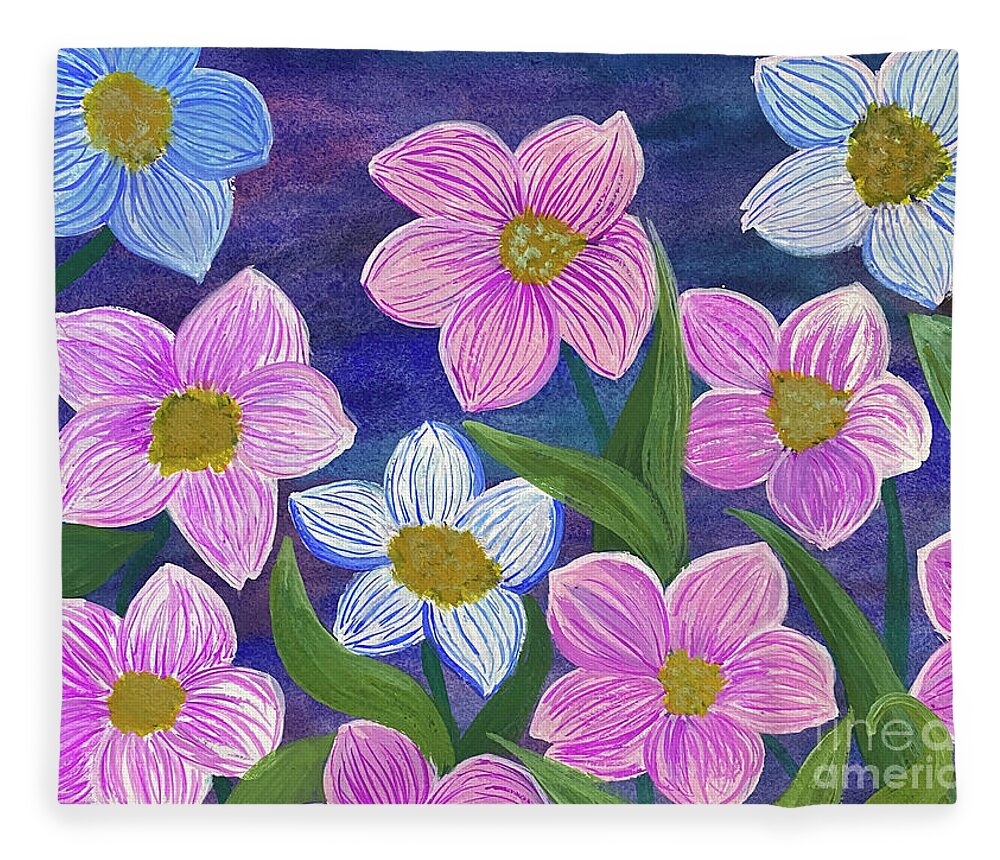 Pink Fleece Blanket featuring the mixed media Pink and Blue Flowers by Lisa Neuman