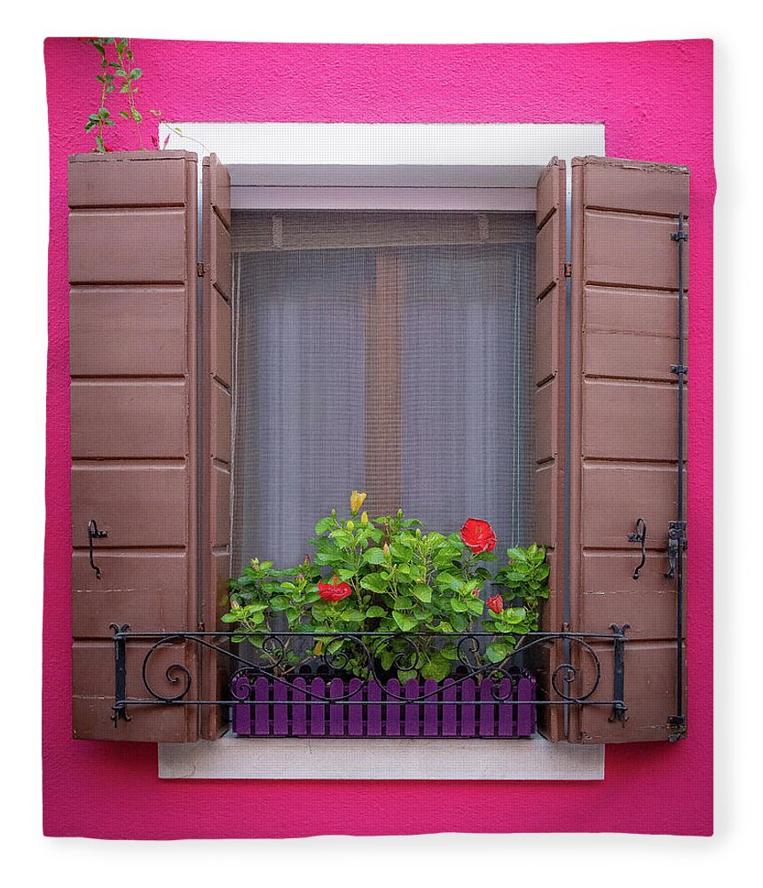 Burano Fleece Blanket featuring the photograph Pink Buran Window by David Downs