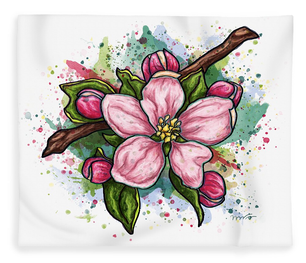 Flower Fleece Blanket featuring the painting Pink flower on white background, cherry blossom by Nadia CHEVREL