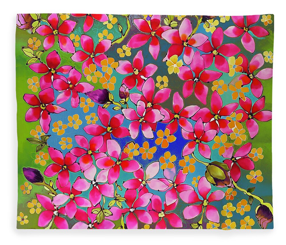 Karla Kay Art Fleece Blanket featuring the painting Pink magnolia on green hues by Karla Kay Benjamin