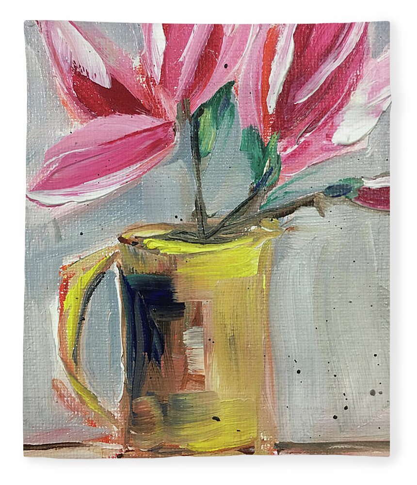 Magnolias Fleece Blanket featuring the painting Pink Magnolias in a Yellow Porcelain Pitcher by Roxy Rich