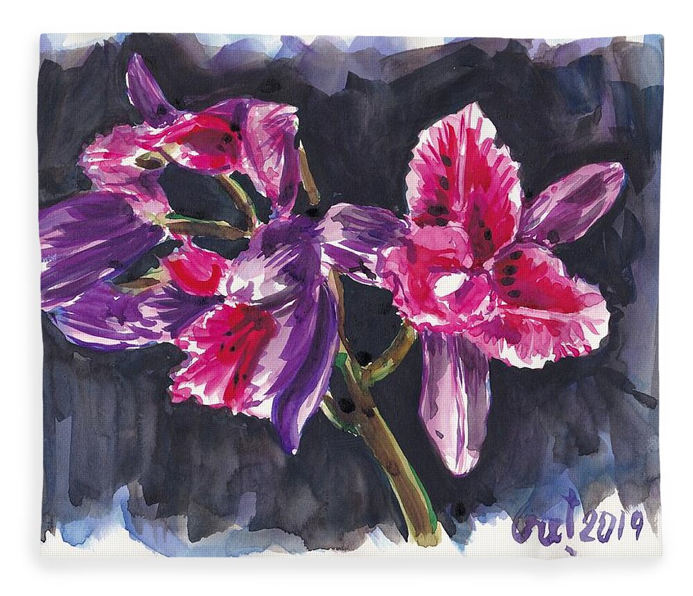 Orchids Fleece Blanket featuring the painting Pink Orchids by George Cret