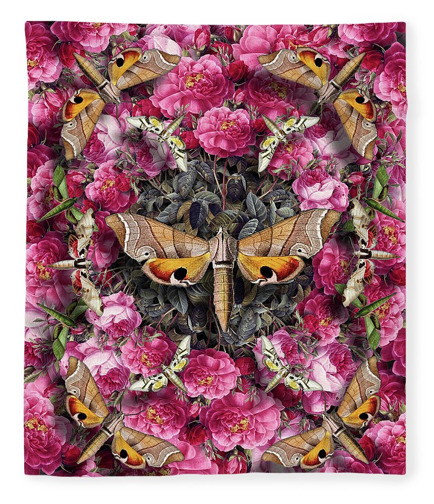 Moths Fleece Blanket featuring the digital art Pink Roses and Moths by Peggy Collins