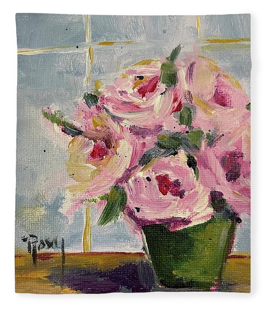 Pink Roses Fleece Blanket featuring the painting Pink Roses by the Window by Roxy Rich
