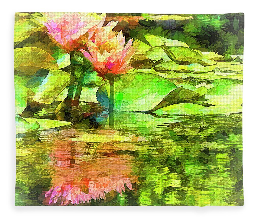 Lily Fleece Blanket featuring the photograph Pink Water Lilies Faux Paint by Bill Barber
