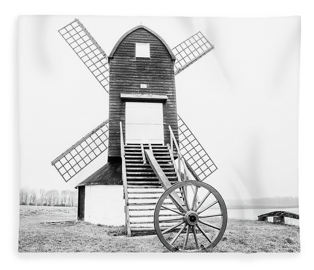 Bedfordshire Fleece Blanket featuring the photograph Pitstone Windmill Mono by Framing Places