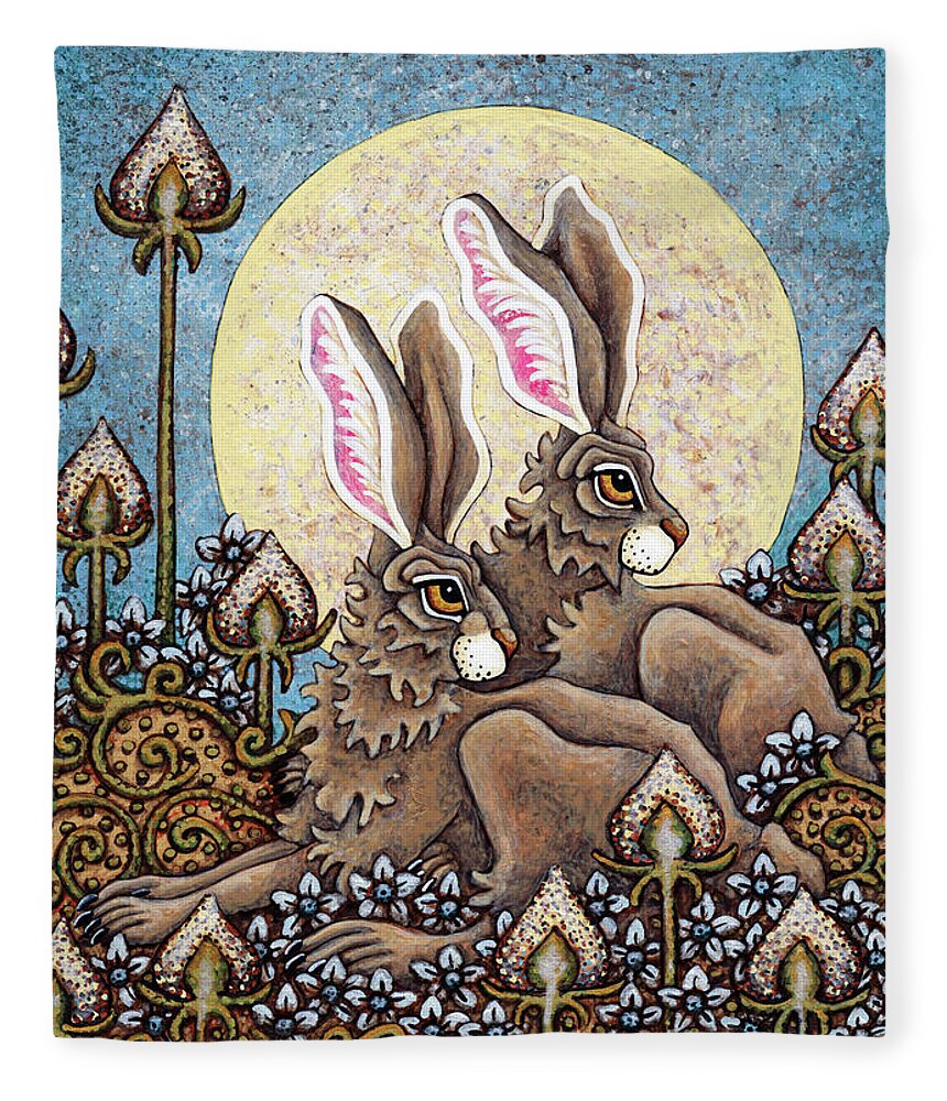 Hare Fleece Blanket featuring the painting Platinum Moon Presage by Amy E Fraser