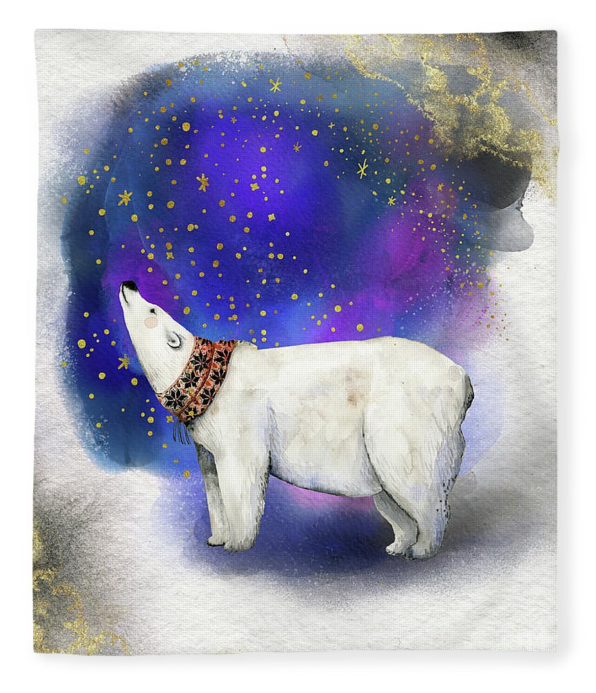 Polar Bear Fleece Blanket featuring the painting Polar Bear With Golden Stars by Garden Of Delights