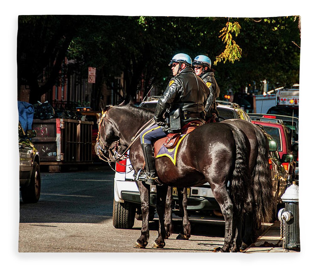 Chelsea Fleece Blanket featuring the photograph Police on Horse Back in NYC by Louis Dallara