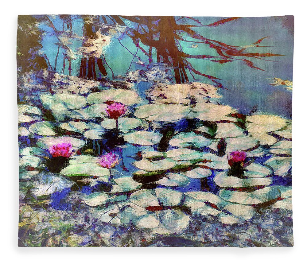 Pond Fleece Blanket featuring the mixed media Pond Lilies at the End of Summer by Christopher Reed