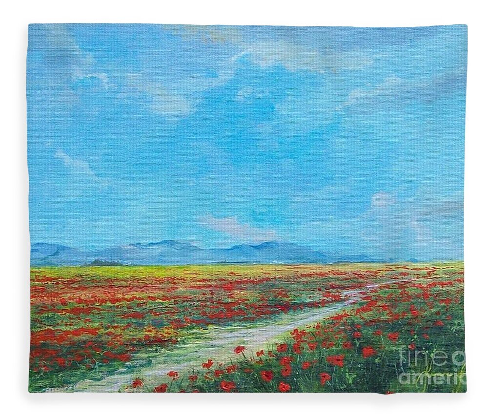 Poppy Field Fleece Blanket featuring the painting Poppy Field by Sinisa Saratlic