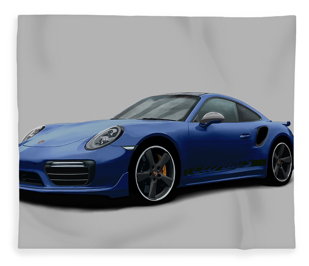 Hand Drawn Fleece Blanket featuring the digital art Porsche 911 991 Turbo S Digitally Drawn - Dark Blue with side decals script by Moospeed Art