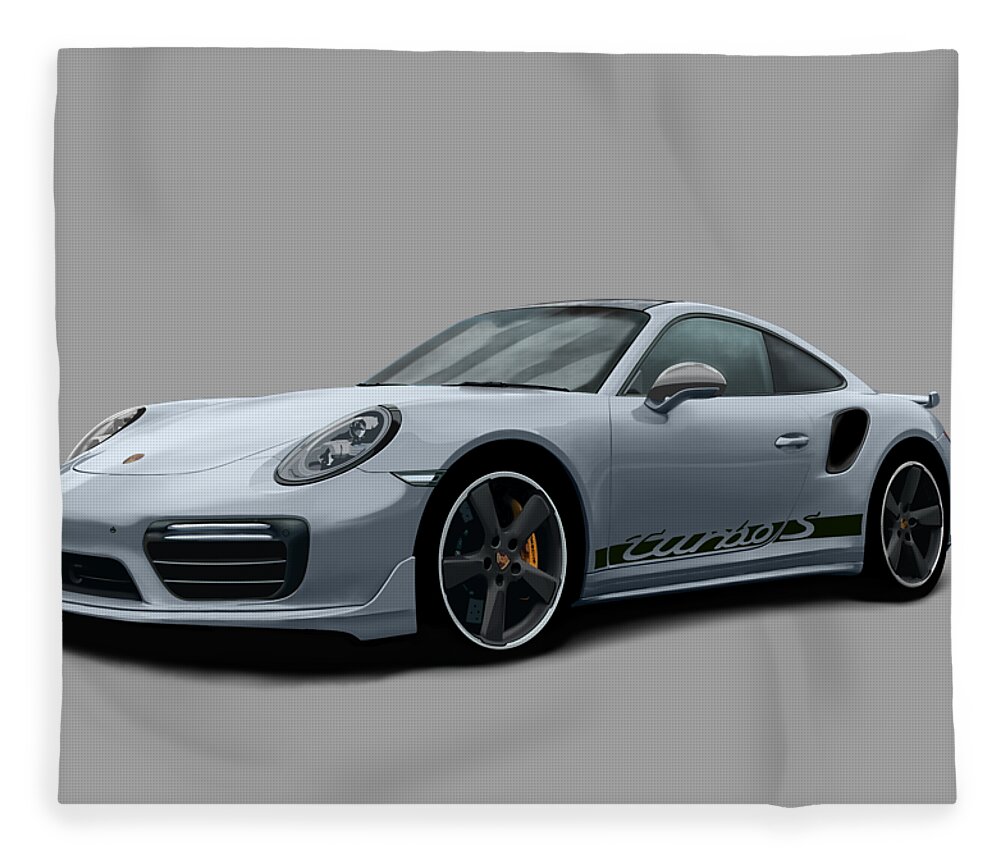 Hand Drawn Fleece Blanket featuring the digital art Porsche 911 991 Turbo S Digitally Drawn - Grey with side decals script by Moospeed Art