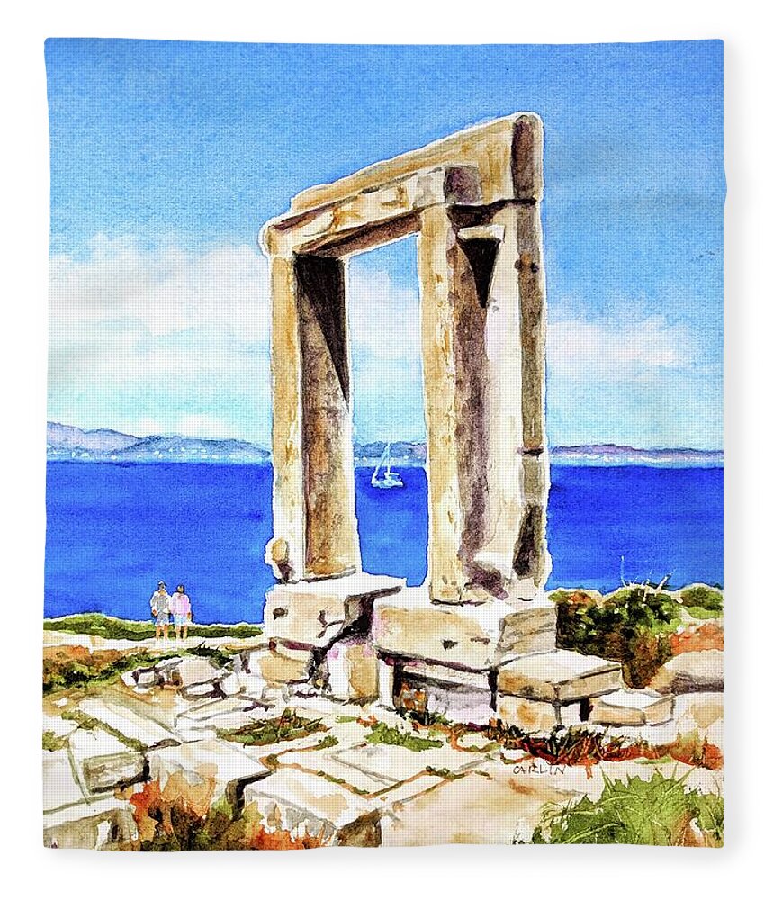Greece Fleece Blanket featuring the painting Portara Apollo Temple Naxos Greece by Carlin Blahnik CarlinArtWatercolor