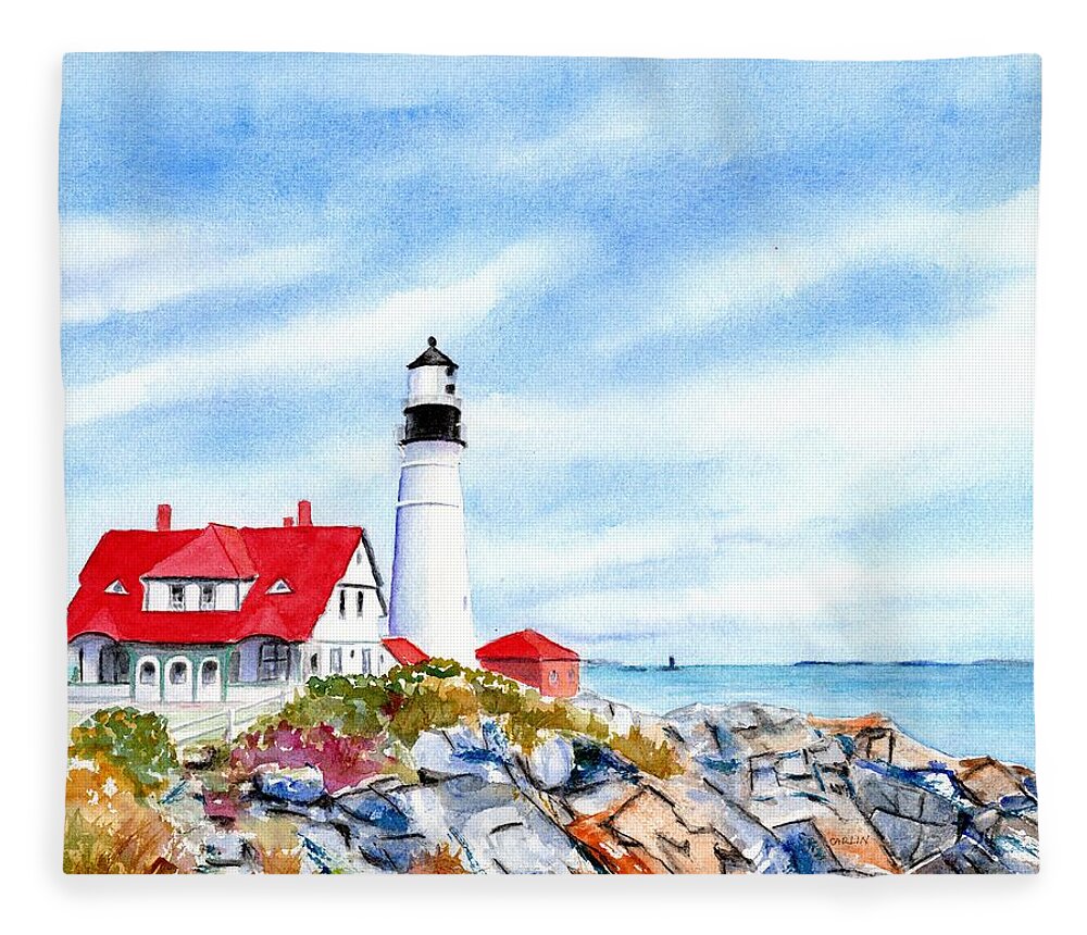 Portland Head Light Fleece Blanket featuring the painting Portland Head Lighthouse Maine by Carlin Blahnik CarlinArtWatercolor