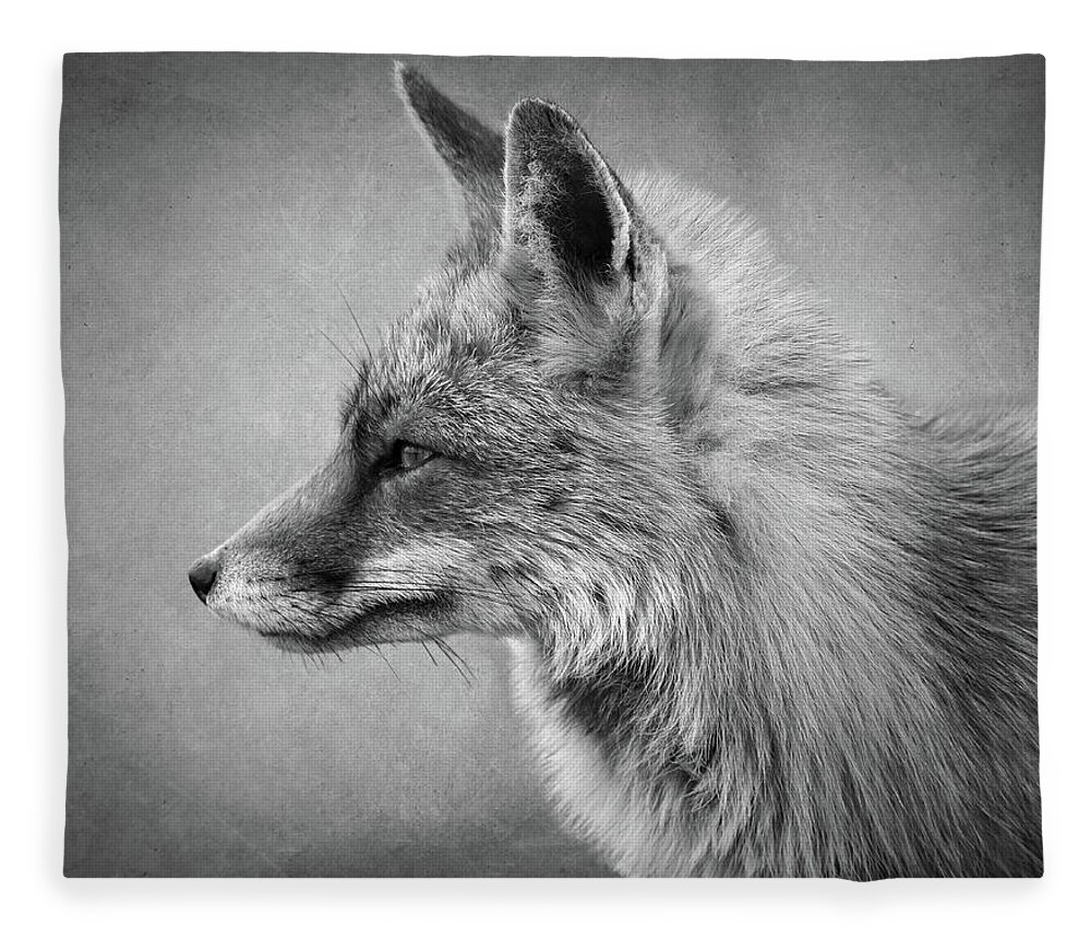 Foc Fleece Blanket featuring the digital art Portrait of a fox in black and white by Marjolein Van Middelkoop