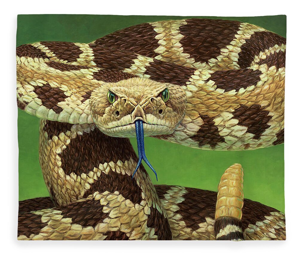 Rattlesnake Fleece Blanket featuring the painting Portrait of a Rattlesnake by James W Johnson