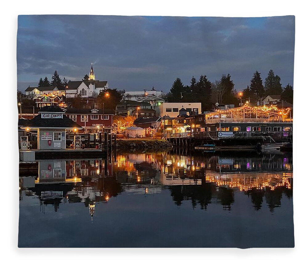 Blue Hour Fleece Blanket featuring the photograph Poulsbo Waterfront Reflections by Jerry Abbott