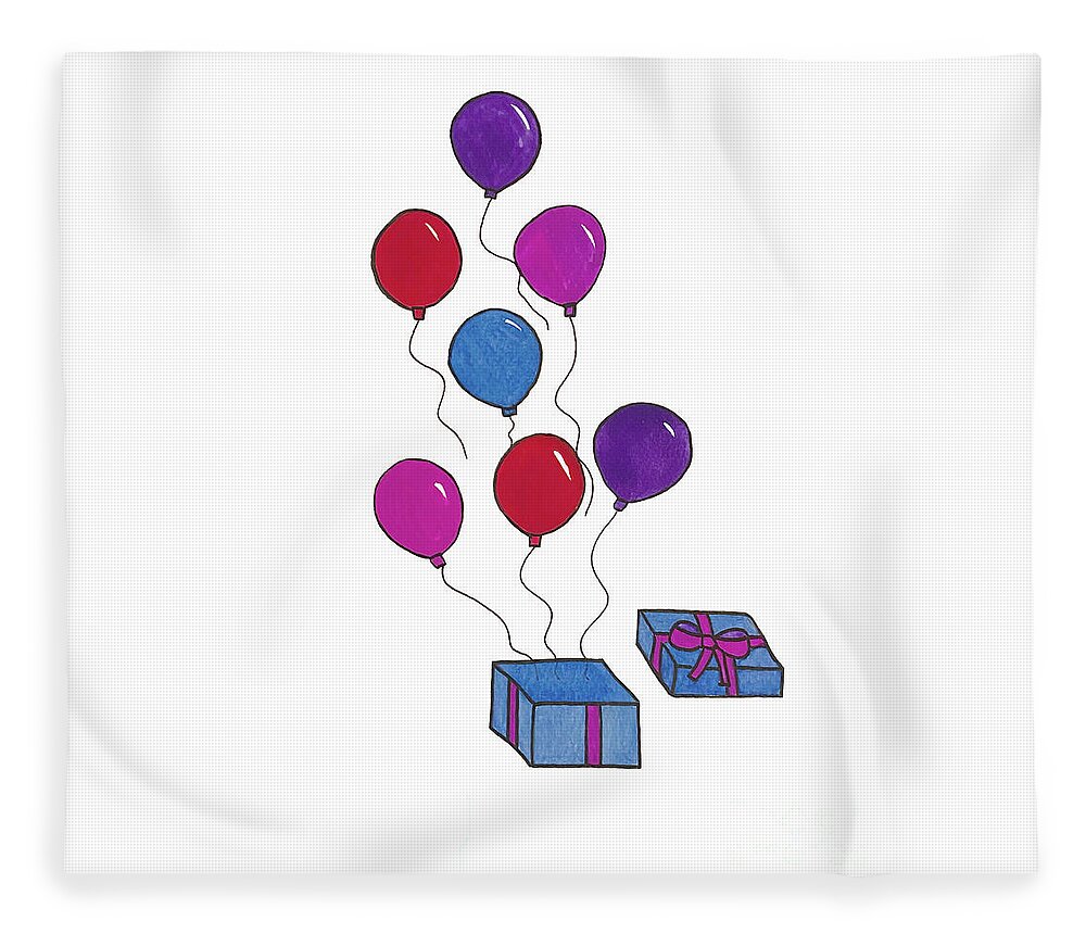 Birthday Fleece Blanket featuring the mixed media Present and Balloons by Lisa Neuman