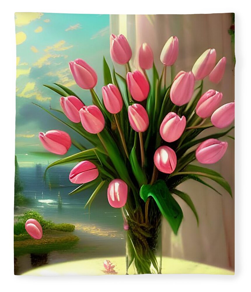 Floral Fleece Blanket featuring the digital art Pretty Pink Tulips by Katrina Gunn