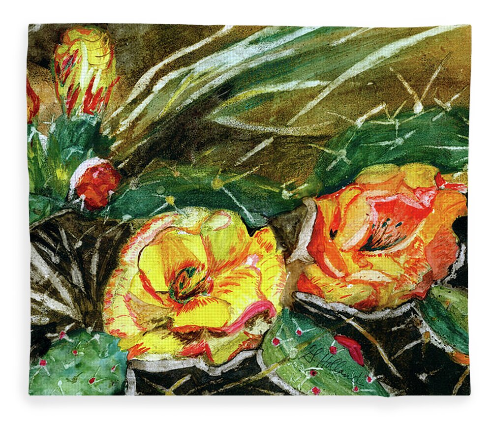 Cactus Fleece Blanket featuring the painting Prickly Pear Cactus by Genevieve Holland