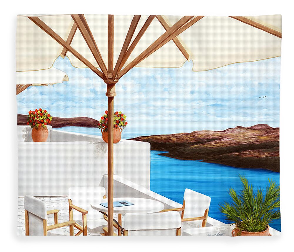 Santorini Fleece Blanket featuring the painting RESERVATION FOR FOUR - prints of oil painting by Mary Grden