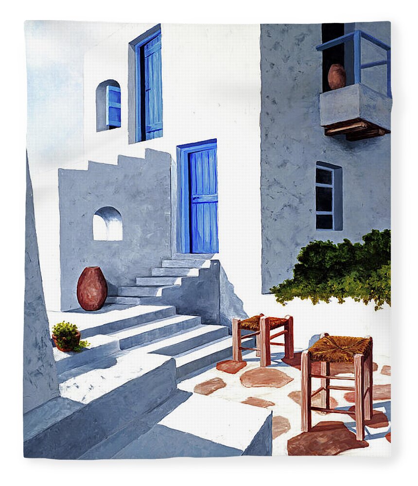 Mykonos Fleece Blanket featuring the painting HILLTOP HOUSE- prints of oil painting by Mary Grden