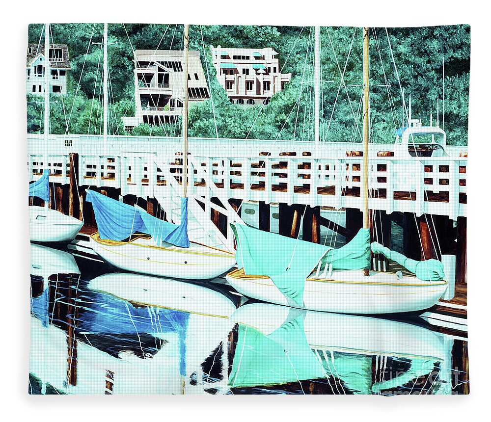 Bird Boats Fleece Blanket featuring the painting STILL IN SAUSALITO -prints of oil painting by Mary Grden
