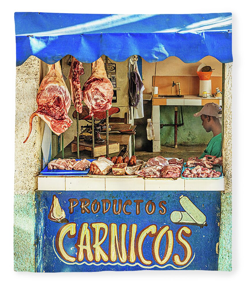 © 2015 Lou Novick All Rights Reversed Fleece Blanket featuring the photograph Productos Carnicos by Lou Novick