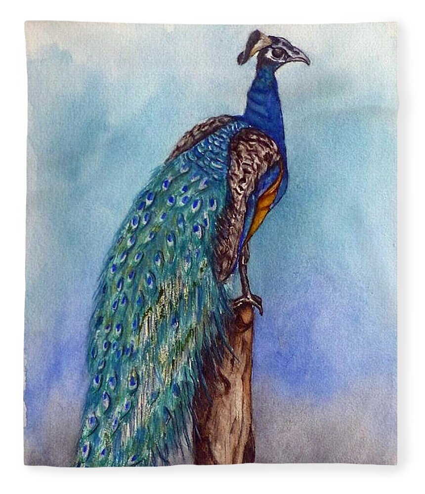 Peacock Fleece Blanket featuring the painting Proud Peacock by Kelly Mills