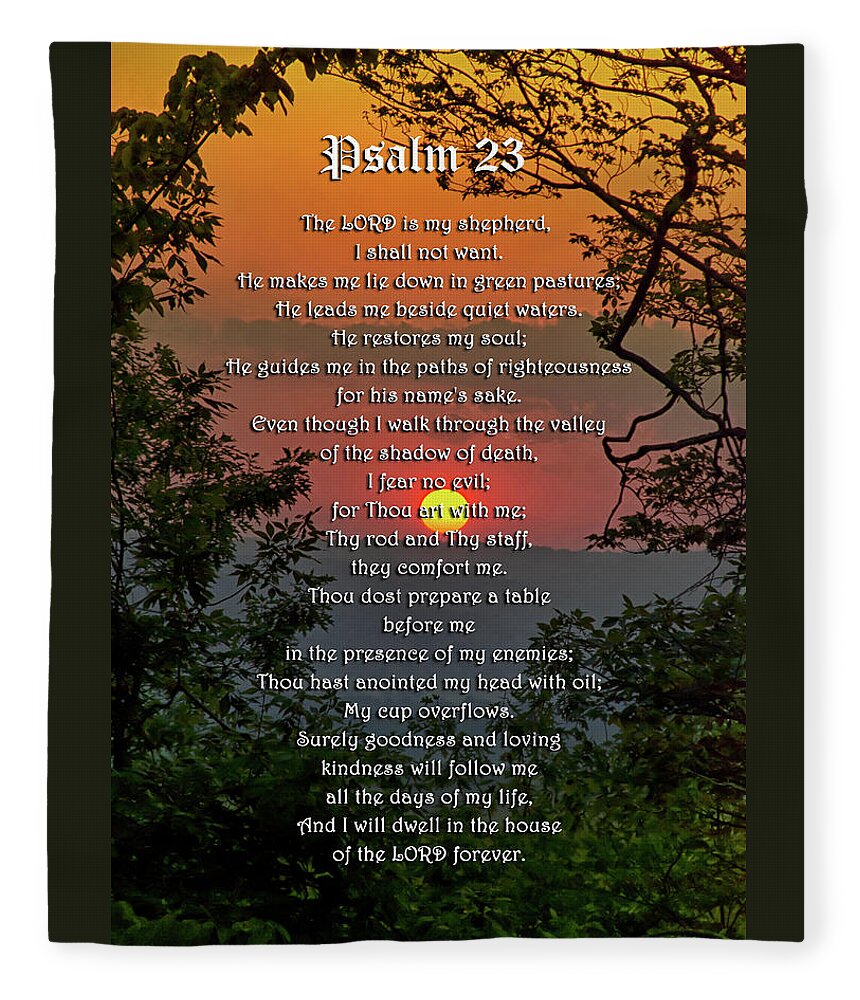 Psalm 23 Fleece Blanket featuring the mixed media Psalm 23 Prayer Over Sunset Landscape by Christina Rollo