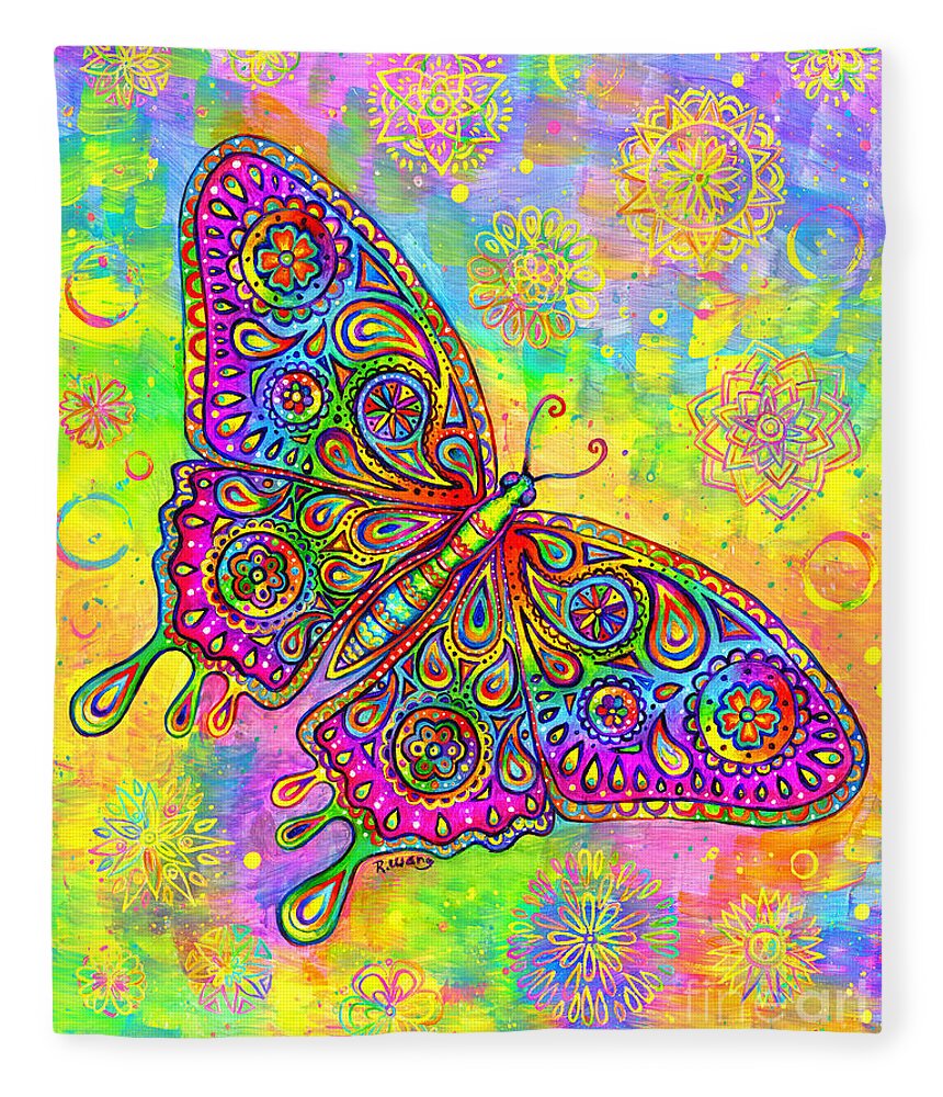 Butterfly Fleece Blanket featuring the painting Psychedelic Paisley Butterfly by Rebecca Wang