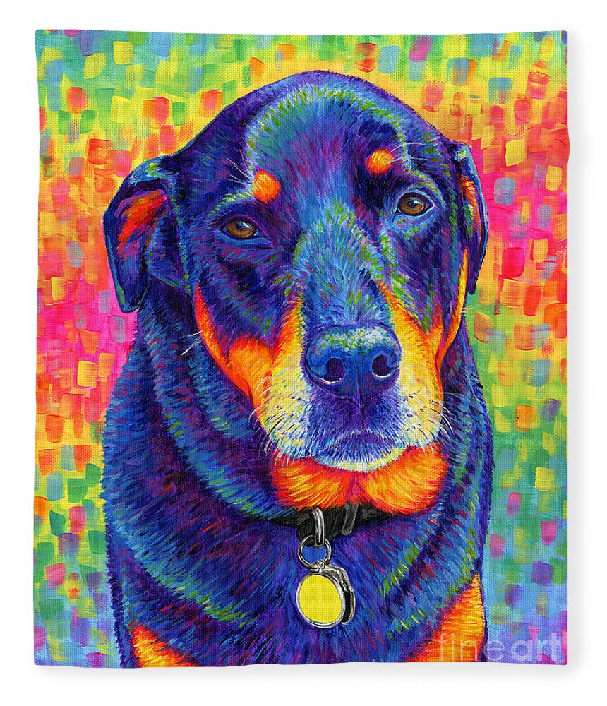 Rottweiler Fleece Blanket featuring the painting Psychedelic Rainbow Rottweiler by Rebecca Wang